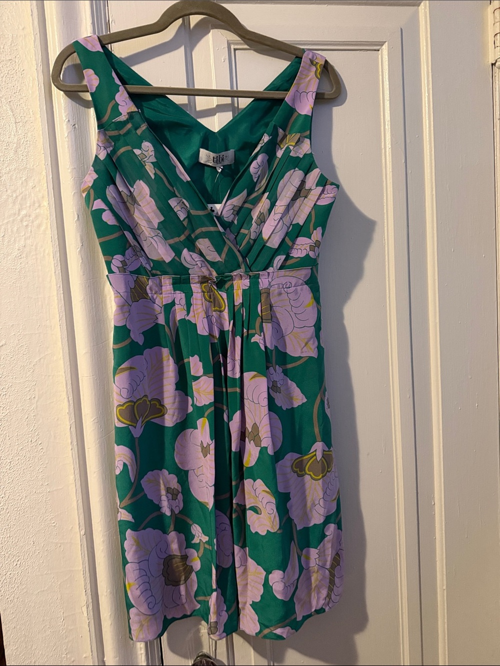 Tibi Green Midi Dress with Lilac Floral Pattern